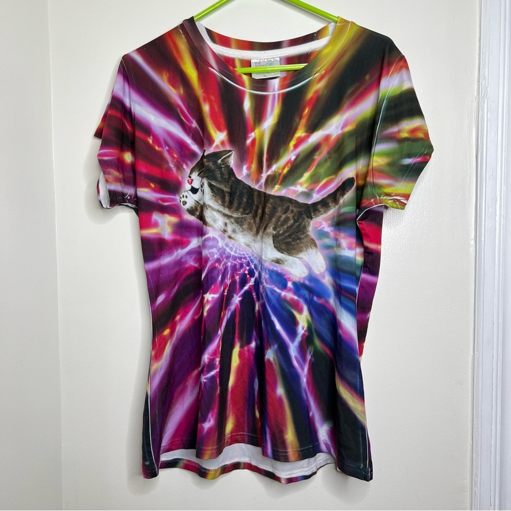 Animal rescue Flying Cat Kitty Portal Galaxy Colorful T Shirt Women’s Size XL